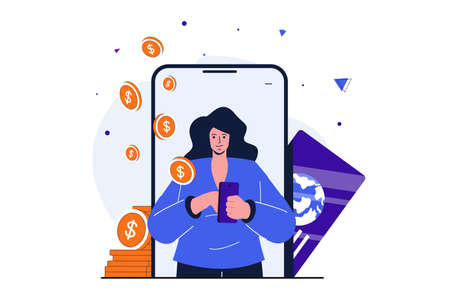 Mobile banking modern flat concept for web banner design. Woman uses mobile application to pay with credit card and accumulate money in account. Vector illustration with isolated people sceneのイラスト素材