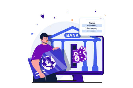 Mobile banking modern flat concept for web banner design. Man client using credit card, conducting financial transactions and secure transfers online. Vector illustration with isolated people sceneのイラスト素材