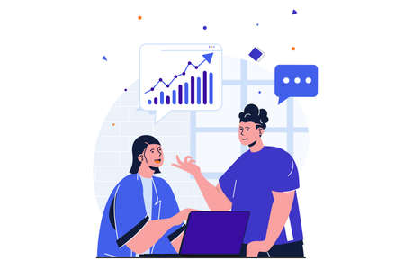 Office work modern flat concept for web banner design. Employees discuss work tasks and financial statistics of company, work together and cooperate. Vector illustration with isolated people sceneのイラスト素材