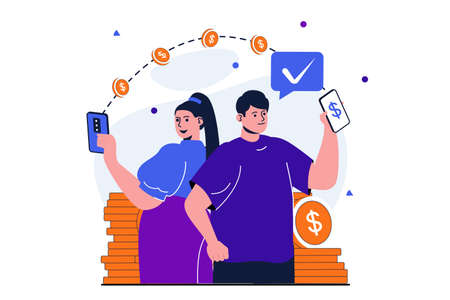 Online payment modern flat concept for web banner design. Woman makes money transfer from her account using application and man receives finances. Vector illustration with isolated people sceneのイラスト素材