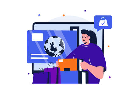 Online payment modern flat concept for web banner design. woman makes bargain purchases and pays for orders with credit card. Retail and e-commerce. Vector illustration with isolated people sceneのイラスト素材
