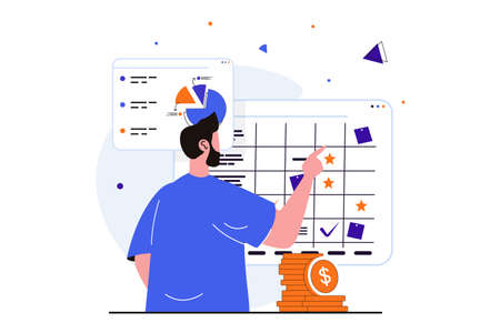 Planning financial budget modern flat concept for web banner design. Man does accounting audit, studies financial balance and forecasting earning. Vector illustration with isolated people sceneのイラスト素材