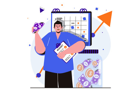 Planning financial budget modern flat concept for web banner design. Man counts money and analyzes income and expenses of business, planning strategy. Vector illustration with isolated people sceneのイラスト素材