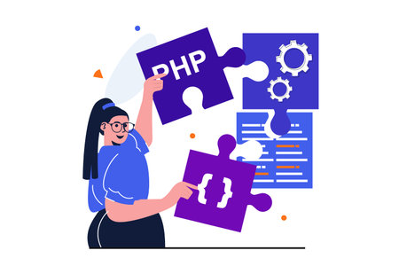 Programmer working modern flat concept for web banner design. Woman developer generates ideas and...