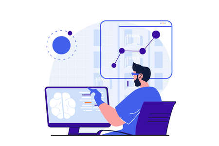 Science research modern flat concept for web banner design. Scientist studies brain and analyzes data on computer screen, doing neurobiology research. Vector illustration with isolated people sceneのイラスト素材