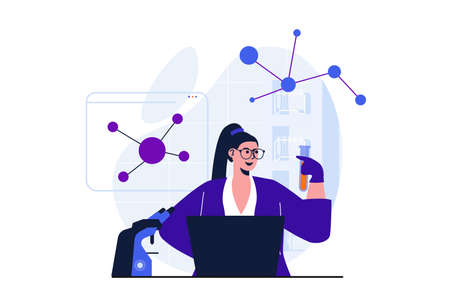 Science research modern flat concept for web banner design. Woman scientist doing chemical test in tube, studying molecules and analyzing data on laptop. Vector illustration with isolated people sceneのイラスト素材