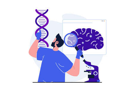 Science research modern flat concept for web banner design. Man studies dna molecule and examines brain with magnifier, makes neurobiology experiment. Vector illustration with isolated people sceneのイラスト素材