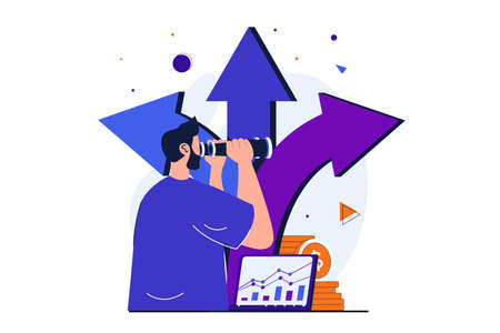 Searching for opportunities modern flat concept for web banner design. Man with spyglass sees different directions for business development and profit. Vector illustration with isolated people sceneのイラスト素材