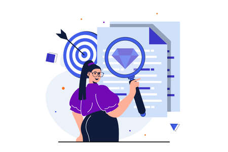 Searching for opportunities modern flat concept for web banner design. Woman with magnifier looking for best offer for new vacancy or hiring employee. Vector illustration with isolated people sceneのイラスト素材