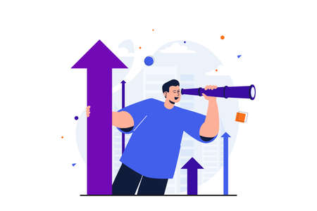 Searching for opportunities modern flat concept for web banner design. Man looks through spyglass, creates successful strategy, vision for new project. Vector illustration with isolated people sceneのイラスト素材