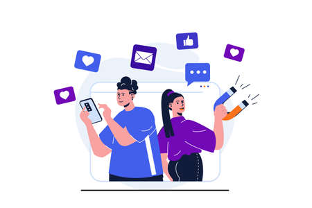 Social media marketing modern flat concept for web banner design. Man makes advertising posts in mobile app, woman with magnet attracts new customers. Vector illustration with isolated people sceneのイラスト素材