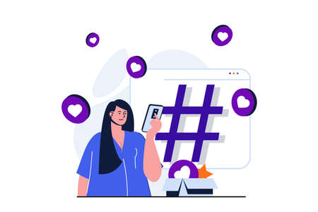 Social network modern flat concept for web banner design. Woman browses news feed on social networks, uses hashtags and likes posts, communicates online. Vector illustration with isolated people sceneのイラスト素材