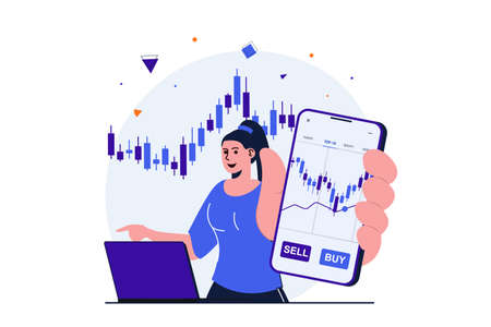 Stock market modern flat concept for web banner design. Woman buys or sells securities on stock exchange, studies charts and statistics, works at laptop. Vector illustration with isolated people sceneのイラスト素材