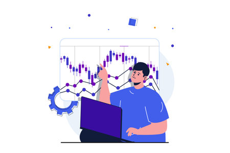 Stock market modern flat concept for web banner design. Man analyzes financial charts and...