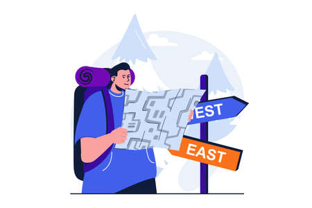 Traveling modern flat concept for web banner design. Man tourist with backpack looking at map and chooses direction of hiking route at sign post. Vector illustration with isolated people sceneのイラスト素材