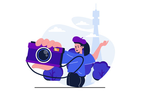 Traveling modern flat concept for web banner design. Woman traveler making selfie on camera posing...