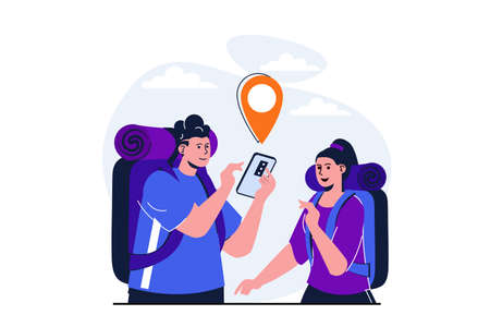 Traveling modern flat concept for web banner design. Man and woman tourists with backpacks choose trekking route, look at location in smartphone. Vector illustration with isolated people sceneのイラスト素材