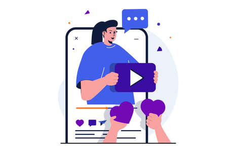 Video blogging modern flat concept for web banner design. Woman blogger making video content, collects likes and followers subscribe to blog at app. Vector illustration with isolated people sceneのイラスト素材