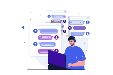 Virtual assistant modern flat concept for web banner design. Man in headset chats with client in messenger, helps to solve problem and gives advice. Vector illustration with isolated people sceneのイラスト素材
