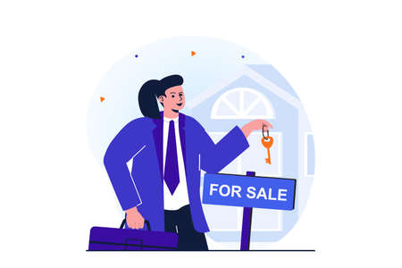 Women working modern flat concept for web banner design. Woman works as realtor in real estate agency. Agent holds key and standing near house for sale. Vector illustration with isolated people sceneのイラスト素材