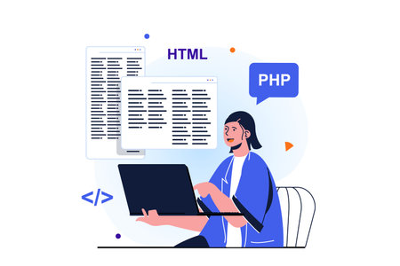 Women working modern flat concept for web banner design. Woman works as programmer, develops programs, writes code in html and php, works in IT industry. Vector illustration with isolated people sceneのイラスト素材