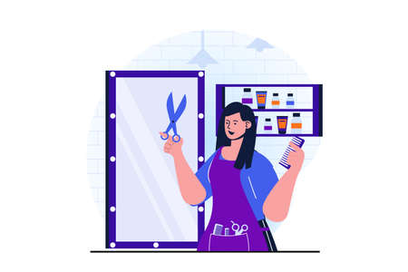 Women working modern flat concept for web banner design. Woman works as hairdresser in beauty salon or barbershop, doing haircuts and styling for client. Vector illustration with isolated people sceneのイラスト素材