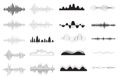 Sound waves in different shapes set isolated elements. Bundle of vibration and waving lines for musical player or audio equalizer, voice signal, waveforms. Vector illustration in flat cartoon design.のイラスト素材