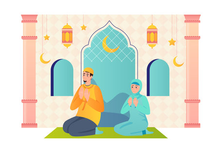 Muslim family praying at mosque in Ramadan flat concept people scene. Islamic couple sitting indoor in mosque. Man in traditional clothes and woman in hijab. Vector illustration for web banner designのイラスト素材