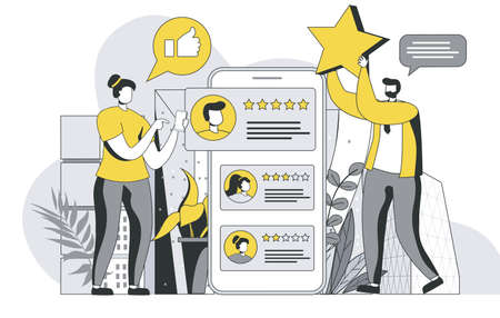 Best feedback concept with outline people scene. Man and woman leave high rating stars and likes. Users write comments about their experience. Vector illustration in flat line design for web templateのイラスト素材