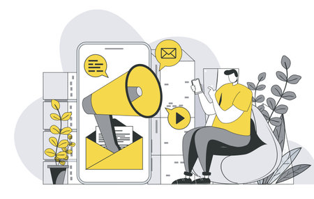 Mobile marketing concept with outline people scene. Marketer conduct advertising campaign in applications, make mailings and attract buyers. Vector illustration in flat line design for web templateのイラスト素材