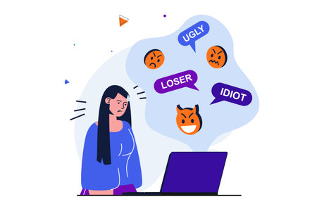 Bullying modern flat concept for web banner design. Upset girl worries about negative messages and has emotional and mental problems because of haters. Illustration with isolated people sceneの写真素材
