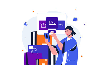 Online shopping modern flat concept for web banner design. Customer looks at assortment of store...