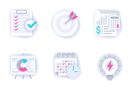 Planning web concept of 3d paper icons set. Pack flat pictograms of to-do list, target, financial account, chart, calendar, time management and new idea. Vector elements for mobile app and websiteのイラスト素材