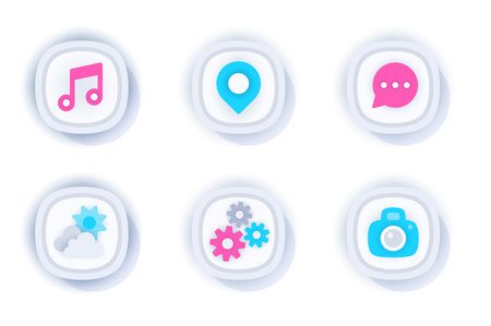 Mobile app web concept of 3d paper icons set. Pack flat pictograms of music, location pin, new...