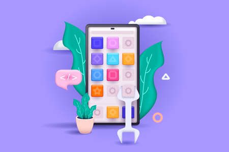 App development concept 3D illustration. Icon composition with settings and optimization of interface layout for mobile application at smartphone screen. Vector illustration for modern web designのイラスト素材