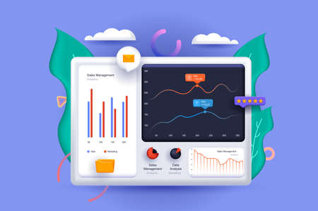 Data analysis concept 3D illustration. Icon composition with dashboard with graphs and charts, studying statistics and working with information on screen. Vector illustration for modern web designのイラスト素材