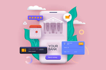 Mobile bank concept 3D illustration. Icon composition with mobile application with online banking, accounts, credit cards, transactions and financial tools. Vector illustration for modern web designのイラスト素材