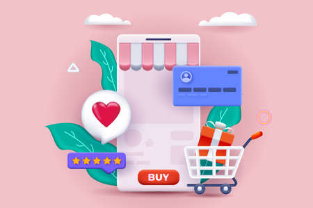 Mobile shopping concept 3D illustration. Icon composition with mobile application for making purchases, ordering goods online and paying with credit card. Vector illustration for modern web designのイラスト素材