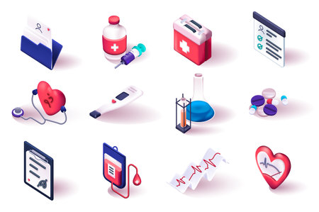 Medical service 3d isometric icons set. Medicines, first aid kit, stethoscope, cardiology, thermometer, tube, tablets and other isolated elements pack. Vector illustration in realistic render designのイラスト素材