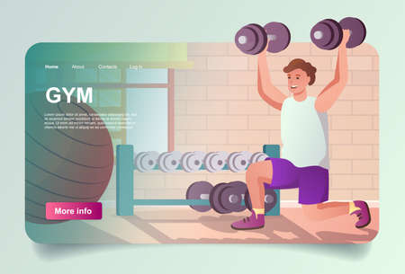 Workout at gym concept in cartoon design for landing page. Man doing exercises with dumbbells in sports club, weightlifting and strength training. Vector illustration with people for web homepageのイラスト素材