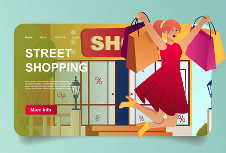 Street shopping with customer concept in cartoon design for landing page. Woman buyers jumping with bags near stores and making purchases at sales. Vector illustration with people for web homepageのイラスト素材