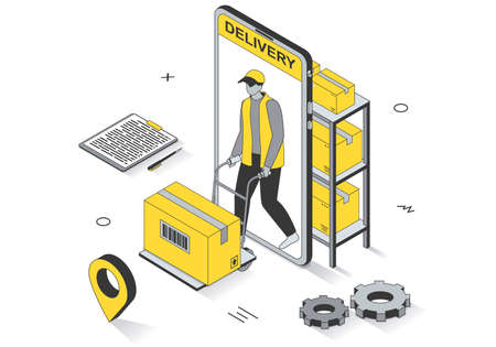 Delivery service concept in 3d isometric outline design. Warehouse worker carries parcel, courier delivery box, fast shipping transportation, line web template. Illustration with people sceneの写真素材