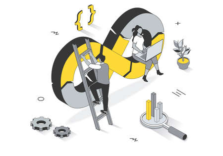 DevOps concept in 3d isometric outline design. Programmers and engineers working together at office, administration of development operations, line web template. Illustration with people sceneの写真素材