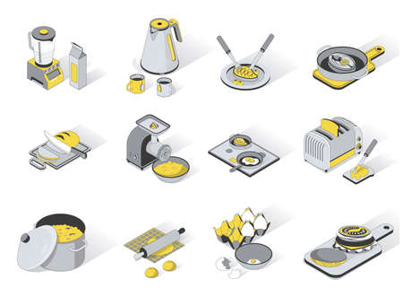 Kitchen utensils 3d isometric icons set. Pack elements of blender, kettle and cups, meal on plate, meat grinder, toaster, saucepan, bread on board. Vector illustration in modern isometry designのイラスト素材