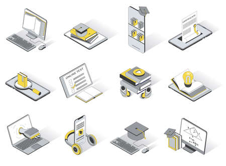 Online education 3d isometric icons set. Pack elements of reading e-books, online library, distance learning, testing, listening to lectures, graduation. Vector illustration in modern isometry designのイラスト素材