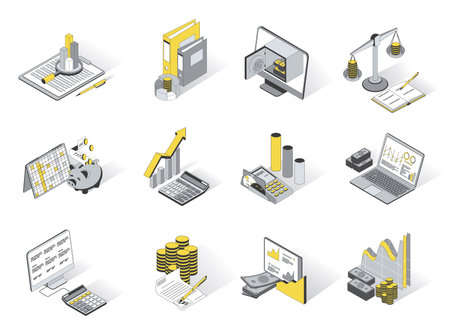 Finance and banking 3d isometric icons set. Pack elements of financial data analysis, accounting, budget, savings at piggy bank, money, coins, credit. Vector illustration in modern isometry designのイラスト素材