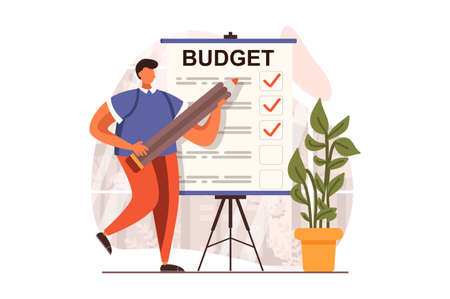 Analyzing budget web concept in flat design. Man making report with financial balance at presentation, calculate, control money. Auditing and finance management. Vector illustration with people sceneのイラスト素材