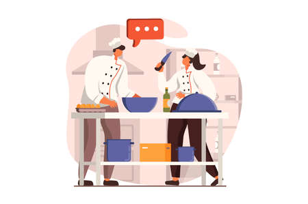 Cooking and restaurant web concept in flat design. Team of chefs prepares delicious dishes, working and talking in kitchen. Culinary art and professional staff. Vector illustration with people sceneのイラスト素材