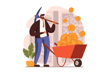 Cryptocurrency mining web concept in flat design. Man with pickaxe near wheelbarrow with bitcoins and other coins, investing money in and crypto business. Vector illustration with people sceneのイラスト素材