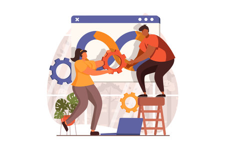 DevOps web concept in flat design. Woman and man settings programs, optimization and administration work processes, teamwork. Development operations practice. Vector illustration with people sceneのイラスト素材